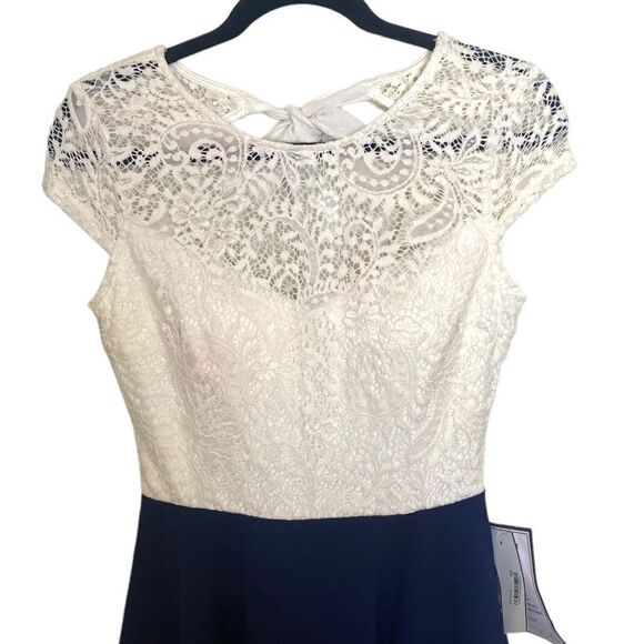 B. Darlin Fit and Flare Ivory Lace and Navy Dress - Picture 3 of 12